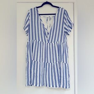 NWT. Size Large Short Sleeved Light Weight Blue and White Striped Summer Dress